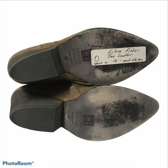 EILEEN FISHER Ankle Booties Tan Leather Side Zipper 3in Heel 10M Women's - Picture 10 of 11